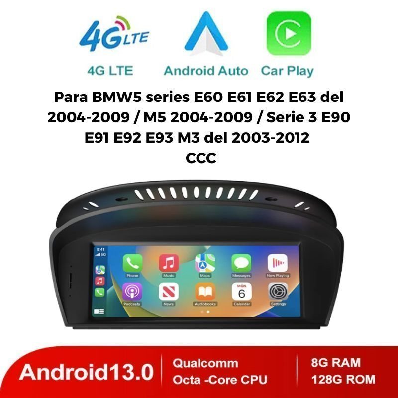 Pantalla Tactil 8.8" BMW CCC 5 series E60 E61 E62 E63 del 2004-2009 / M5 2004-2009 / Serie 3 E90 E91 E92 E93 M3 del 2003-2012 Android 13 Octa Core 1920*720 8+128GB 4G LTE con Carplay y Android Auto Inalambrico Soporte iDrive SWC Requiere Entrada AUX