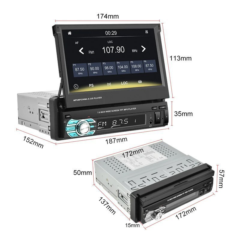 Pantalla 7" 1 DIN Plegable Manual con Carplay y Android Auto por Cable Bluetooth Radio Puerto USB + SD incluye Control Remoto + Control para Volante - Imagen 10