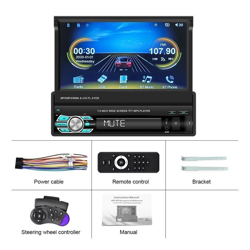 Pantalla 7" 1 DIN Plegable Manual con Carplay y Android Auto por Cable Bluetooth Radio Puerto USB + SD incluye Control Remoto + Control para Volante - Imagen 9