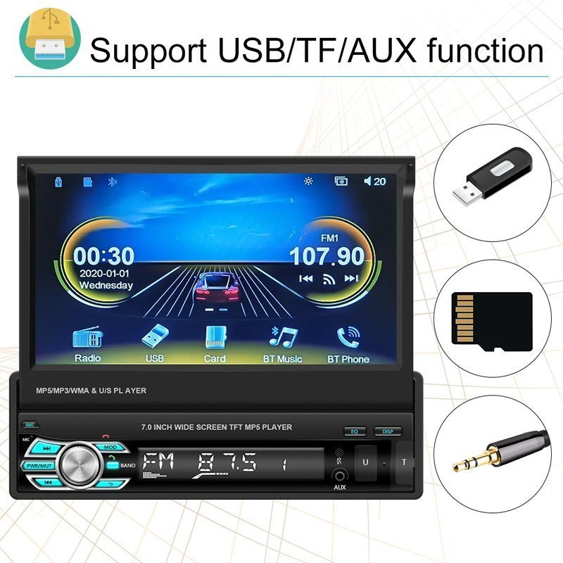 Pantalla 7" 1 DIN Plegable Manual con Carplay y Android Auto por Cable Bluetooth Radio Puerto USB + SD incluye Control Remoto + Control para Volante - Imagen 5