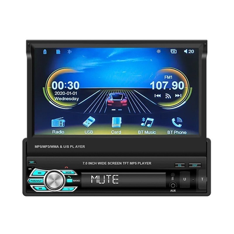 Pantalla 7" 1 DIN Plegable Manual con Carplay y Android Auto por Cable Bluetooth Radio Puerto USB + SD incluye Control Remoto + Control para Volante