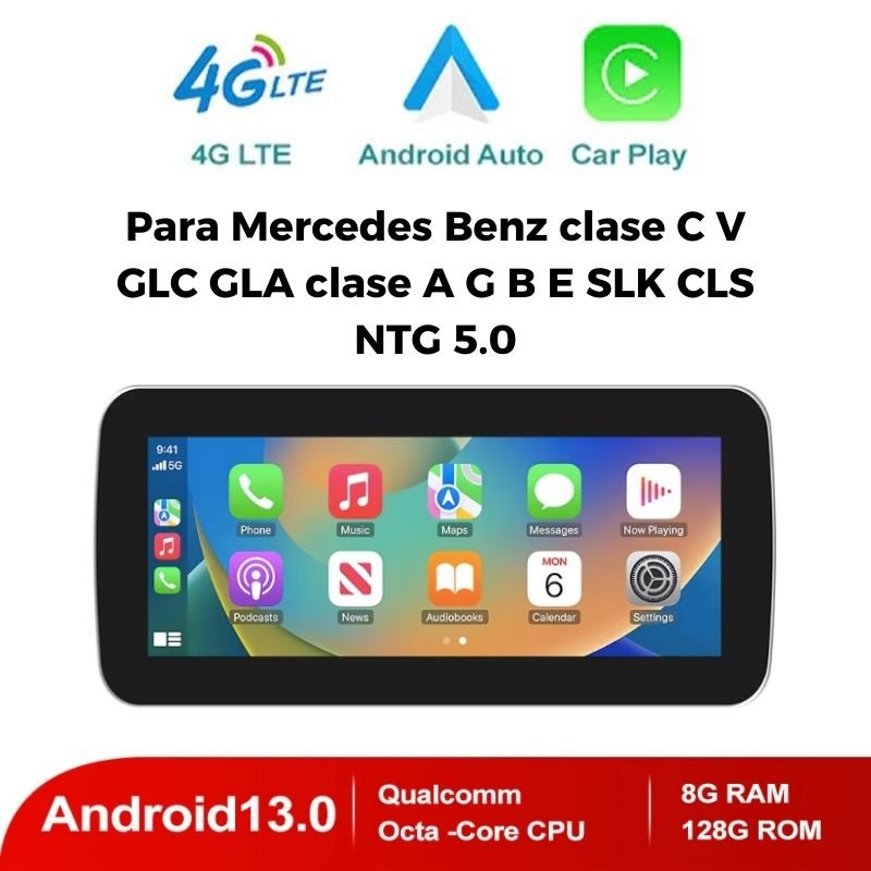 Pantalla Multimedia Táctil 10.25¨y 12.3¨con Carplay + Android Auto Inalámbrico Sistema Android v13 8+128GB Resolución 1920*720 con Navegación para Mercedes Benz Clase A B C E G V GLC GLA SLK CLS Bluetooth WIFI 4G GPS Estéreo Multimedia NTG 5.0/5.1